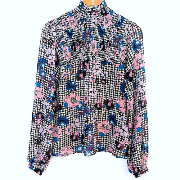 Guess | Floral Fantasy Houndstooth Print High Neck Blouse Pink Blue | Medium - Picture 6 of 12
